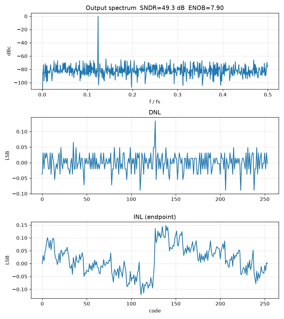 SAR ADC model output spectrum showing 49.3 dB SNDR and 7.90 ENOB